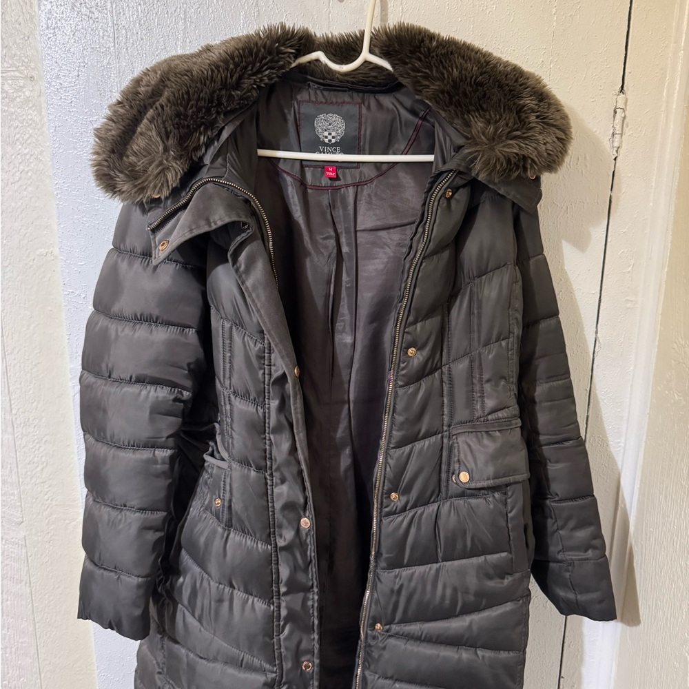 Women's Vince Camuto  Gray Puffer Coat with Faux Fur Hood